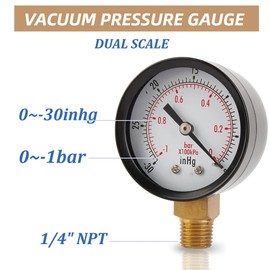 Vacuum Pressure Gauge, Vacuum Gauge 2 Inch for Air Compressor Water Oil Gas 1/4 Inch NPT Lower Bracket MF.0 ~ -30inHg 0 ~ -1bar Universal Vacuum Pressure Gauge with 50 Diameters 1/4 NPT
