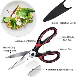 Poultry Scissors, Kitchen Scissors, Stainless Steel, Multi-Purpose Household Scissors, Scissors with Protective Cover for Bones, Fish, Herbs, Vegetables, Can Cutter (Red)