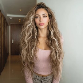 Smilco Japanese Silk Instant Curly Hair Wig New Explosions U-Shaped Lace Camel Gold Highlights Wave Curly Hair Chemical Fiber Headgearcolor: Golden highlights, Stretched Length: 32"