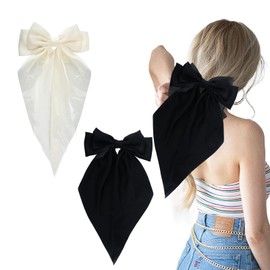 MUNSKT 2 PCS Big Bow Hair Clips with Long Silky Satin, French Barrette Simple Hair Fastener Accessories, Solid Color, for Women Girls, for Birthday Anniversary Party