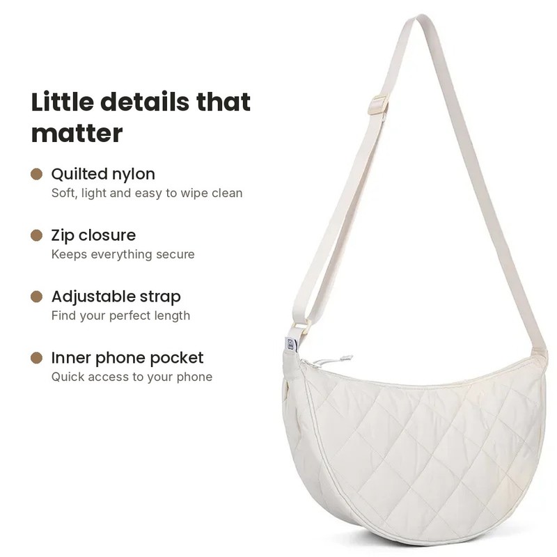 Quilted Crescent Crossbody Bag for Women – Lightweight Nylon Half