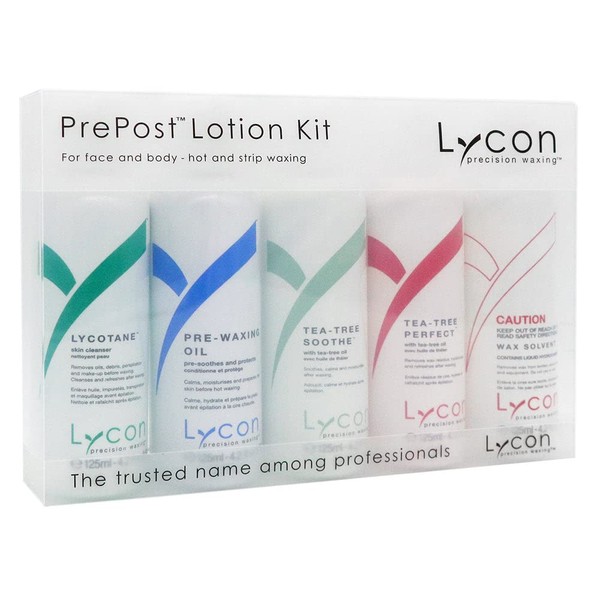 Lycon Pre Post Lotion Kit, Waxing Kit, Pre Waxing Products, Pre and Post Wax Treatment, Waxing Supplies, Wax Lotion and Oil, After Waxing Skin Care Set Includes 5 x 125ml Bottles