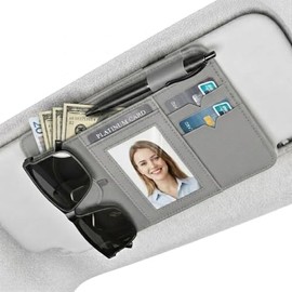 Car Visor Organizer with Leather,Multi-Pocket Visor Organizer Storage Pouch for Cars with Glasses Clip,3 Card Slots Plus a Clear ID Window，Car Sunglass Holder with Strong Magnetic Clip.