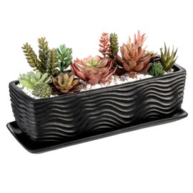 MyGift 12.5 inch Ceramic Planter, Modern Textured Rectangular Succulent Flower Plant Pot with Wave Design and Removable Drip Tray Saucer (Black)