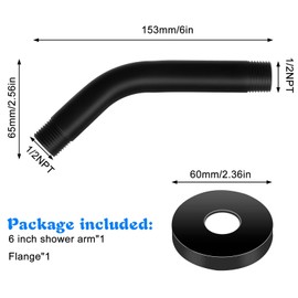 Shower Arm with Flange and Tape, 6 Inches 1/2 NPT Wall Mounted Shower Pipe Arm Extension, Matte Black Shower Arm, Shower Head Pipe from Wall, Suitable for Home Hotel Bathroom