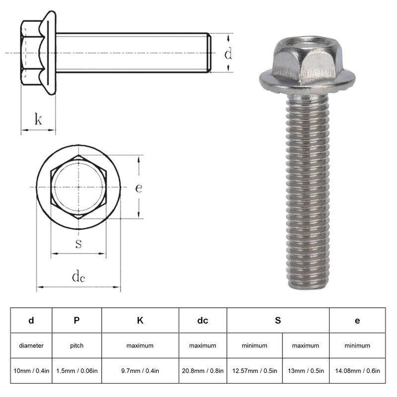 20Pcs M10x1.5 Screw Bolts A2‑70 Stainless Steel Flanged Hex Head