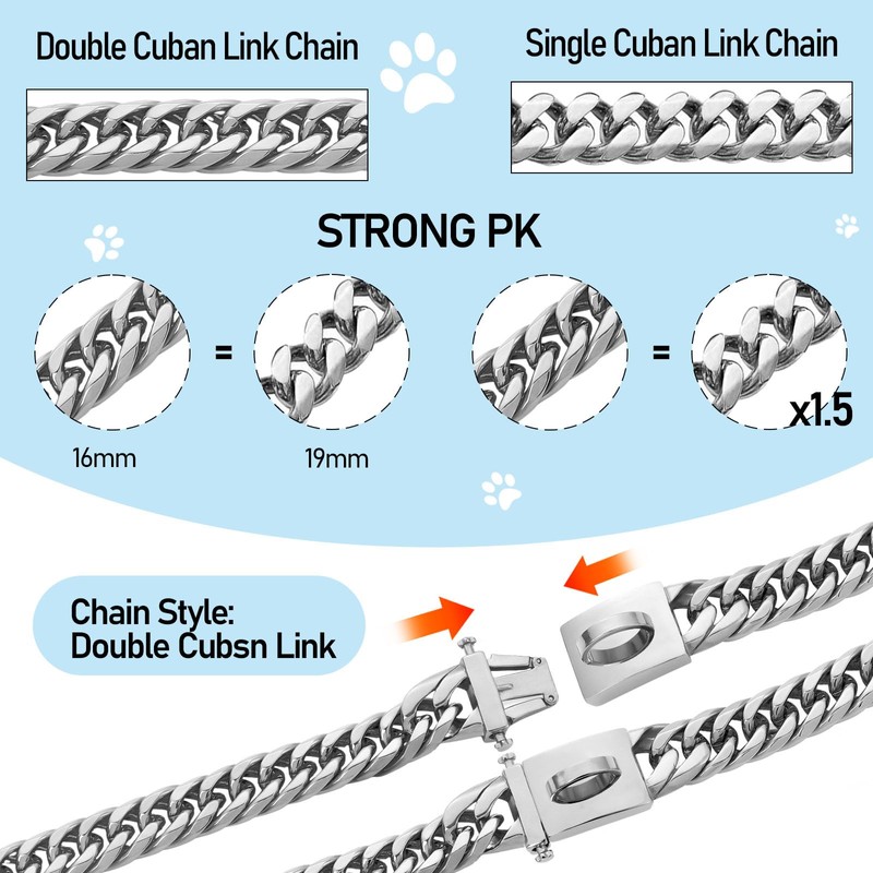 BAOBOTE Silver Chain Dog Collar,16MM 18K Heavy Duty Cuban Link