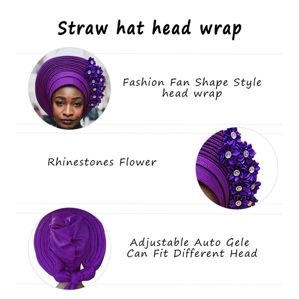 QliHut African Head Wraps Fashion Headbands Stones ASO Oke Auto Gele Headtie Already Made Women's Hats & Caps for Wedding Party. (Purple)