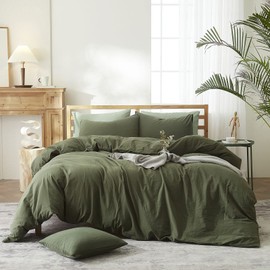 AMWAN Solid Color Army Green Duvet Cover King Size Bedding Sets Natural Washed Cotton Comforter Cover Dark Green Bedding Duvet Cover for Men Women Simple Style Green Bedding Collection