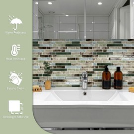 10 Sheet Thick Peel and Stick Kitchen Backsplash Tiles,3D Waterproof Self Adhesive Wall Tile Stick on Backsplash for Kitchen,Bathroom and Fireplace(Mixed Green,12"×12")