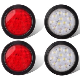 4Pcs 4 Inch Round LED Tail Lights - 4 Inch Round Trailer Led Stop Turn Brake Tail Backup Reverse Fog Lights 12 LED Rubber Grommets and 3 Prong Wire Pigtails Included for Trucks RV (2 RED+2 WHITE)