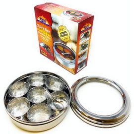Rani Spice Box Stainless Steel Transparent Round Storage For Spices (Masala Dabba) 7 Compartments, with spoon (7.5in x 2.8in) ~ Packed in an attractive box, perfect for gifts!
