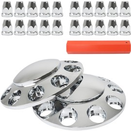 2 Chrome Front Hub Axle Cover Center Caps with 33mm Lug Nut Covers Replacement for Semi Truck 20 in, 22.5 in and 24.5 in Wheels