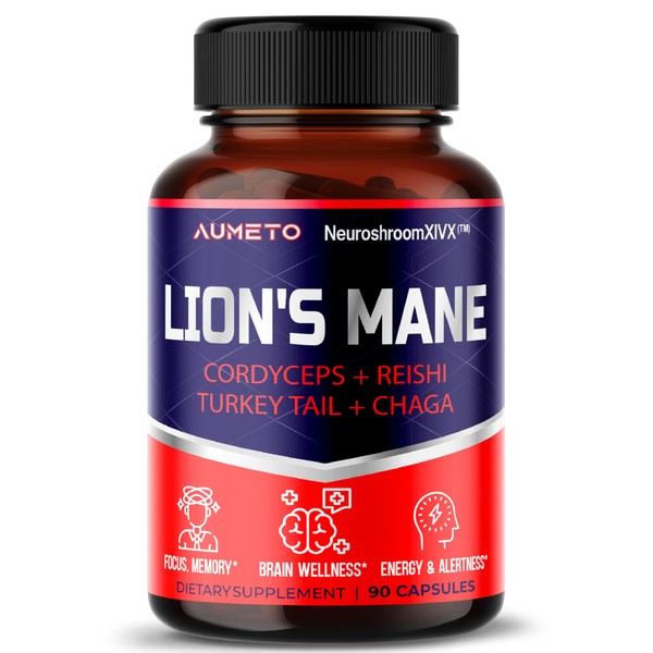 AUMETO Lions Mane Supplement Capsules 40% Polysaccharides with Cordyceps, Reishi,