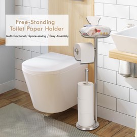 Kalitro Toilet Paper Holder Freestanding with Big Shelf, 4 Rolls Reserve Paper Holder Stand, Modern Paper Roll Holder with Storage Space for Phones (Brushed Nickel)