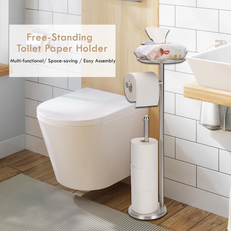 Kalitro Toilet Paper Holder Freestanding with Big Shelf, 4 Rolls