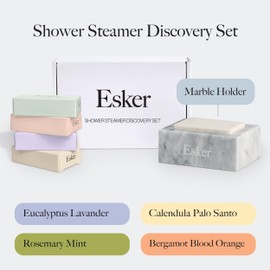 ESKER - Aromatic Shower Steamer Set | Vegan, Cruelty-Free, Clean Beauty (Calendula Palo Santo + Eucalyptus Lavender + Rosemary Mint + Bergamot Blood Orange Steamers with Marble Holder)
