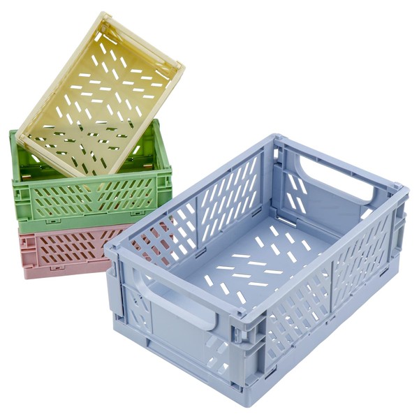 SelfTek Set of 4 Folding Crates, Includes 1 Large Plastic Storage Basket and 3 Mini Folding Boxes, Stackable Plastic Fruit Crates, Folding Basket for Kitchen, Study and Office (Multi-Colour)