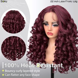 SOKU Curly Lace Frontal Wigs for Black Women Long Wavy Red Burgundy Glueless Wig Pre-Plucked Hairline with Baby Hair 22 Inch 13x4x1 HD Lace Heat Resistant (Burgundy)