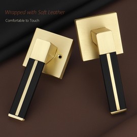 EHOMEWARE 6 Pack Passage Lever Door Handle, Gold Door Levers with Black Leather, Keyless Brass Interior Door Handles for Closet Keyless Indoor Door Locks