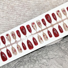 30Pcs Red Press on Nails Long Almond False Flower Fake Nails Simple plum blossom Leaf pattern Design Glitter Glossy Stick on Nail Full Cover Reusable Glue on Nail for Women Decor Manicure Kit