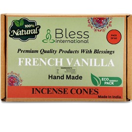 Bless International French-Vanilla 100%-Natural-Incense-Cones Handmade-Hand-Dipped Organic-Chemicals-Free for-Purification-Relaxation-Positivity-Yoga-Meditation The-Best-scents (60 Count)