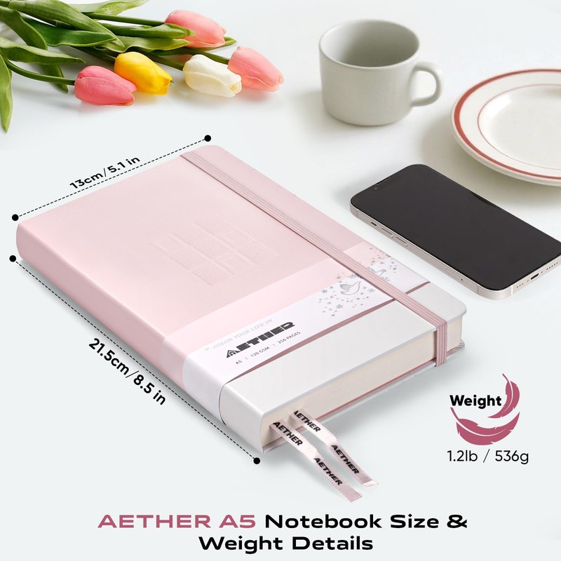 AETHER Notebook Lined A5, Pink Journal Diary 256 Pages 120