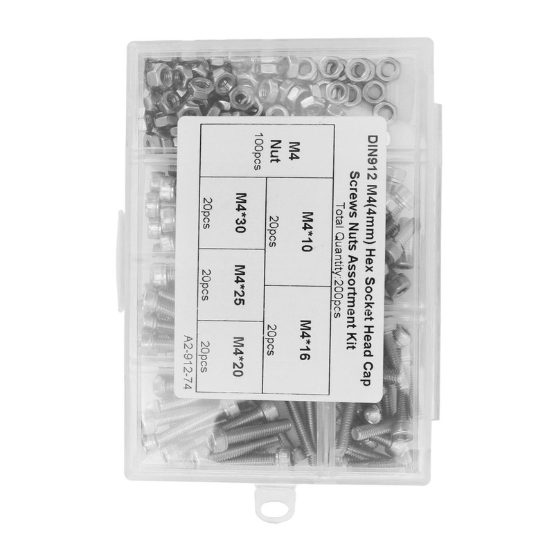 200Pcs Hex Socket Head Cap Screws Nuts Assortment Kit M4