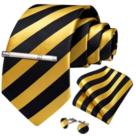 DiBanGu Mens Tie Silk Plaid Striped Necktie and Pocket Square Cufflinks Tie Clip Set with Gift Box Formal Wedding Party, Black and Yellow, One Size