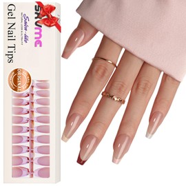 SXVME Gel French Tip Nails Long Coffin French Tip Press on Nails White French Nail Tips 150Pcs Pre-applied Tip Primer Natural Skin Tones Fake Nails Extensions Gel Nail Kit for Women Girls DIY