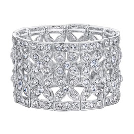 EVER FAITH Austrian Crystal Wedding Flower Wide Stretch Bracelet Clear for Girls Women, Crystal