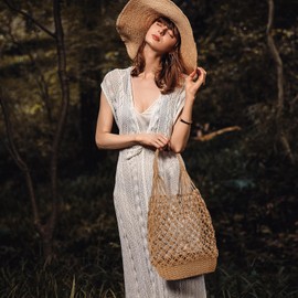 NICOLE & DORIS Women's Beach Bag, Large Mesh Handbags, Straw Shoulder Bag, Lightweight Shopper Bag, Summer Beach Bag, Woven Shopping Bag, Tote Bag for Beach, Family, Travel, khaki, vintage