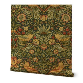 Gold Metallic Wallpaper Swatch - Strawberry Thief,William Morris,Floral Vintage,Arts and Crafts,Historical,English Cottage,Victorian Traditional Wallpaper by Spoonflower