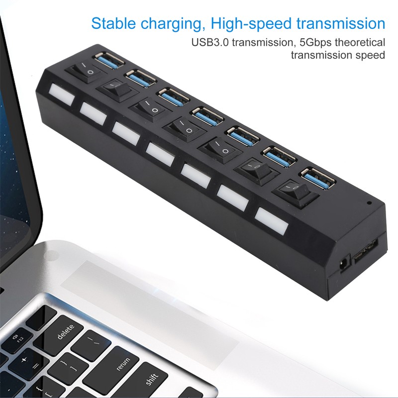 USB Hub 3.0 7‑Port High Speed Splitter Individual Switches Power