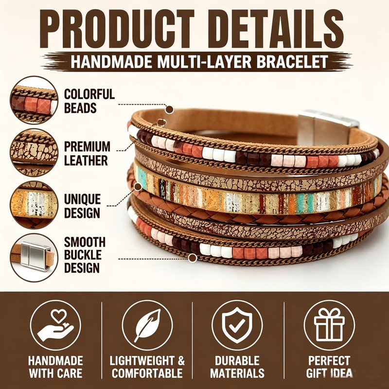 JAVMOO Leather Wrap Bracelets for Women Boho Multi-Layer Cuff Bangle