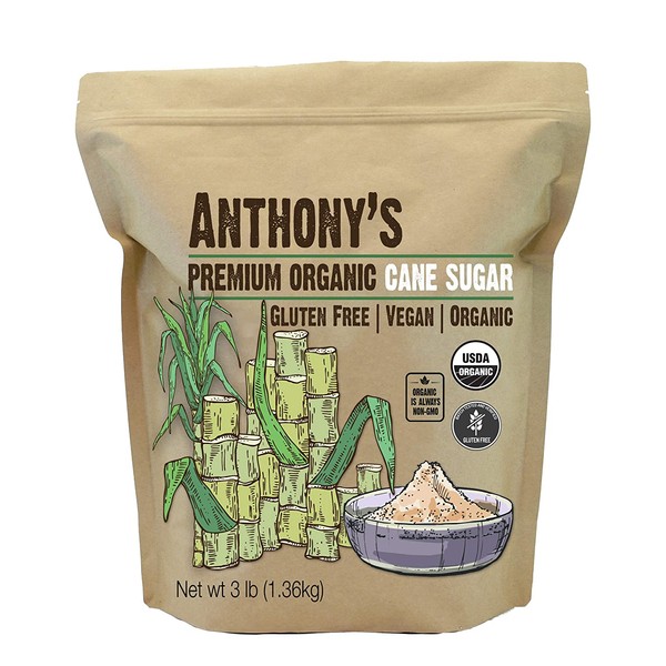 Anthony's Organic Cane Sugar, 3 lb, Granulated, Gluten Free & Non GMO