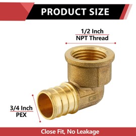 (Pack of 2) EFIELD Pex 3/4"x 1/2" Female Threaded NPT Elbow Adapter Brass Crimp Fittings (Pex 3/4"x 1/2" Female Thread),(PEX1807301-2PCS)