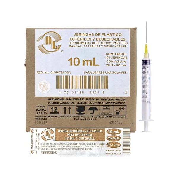 100 Jeringas De Plástico Dl 10 Ml Con Aguja 20gx32mm