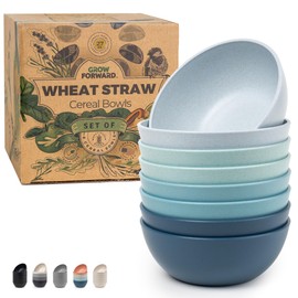 Grow Forward Premium Wheat Straw Bowls Set of 8 - Reusable 27oz Hard Plastic Cereal Bowls - Unbreakable Microwave Safe Bowls for Kitchen, Camping, RV, Dessert, Soup, Salad, Ramen, Eating - Seascape