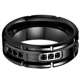 TUTISS 8mm Black Tungsten Rings for Men Women Eternity Engagement Wedding Bands Cubic Zirconia Stone Inlay Beveled Edges Comfort Fit Size 7.5