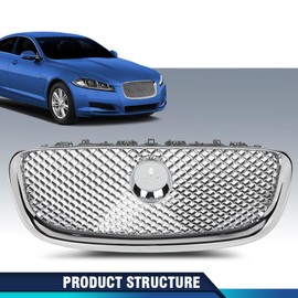 PIT66 Upper Front Mesh Grille W/Emblem Compatible with Jaguar XF XFR 2012-2015 Silver