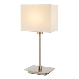 Contemporary Satin Nickel Bedside Table Lamp with White Cotton Fabric Shade | 33cm x 16cm x 10cm | 1 x 7w | Inline Cable Switch by Happy Homewares