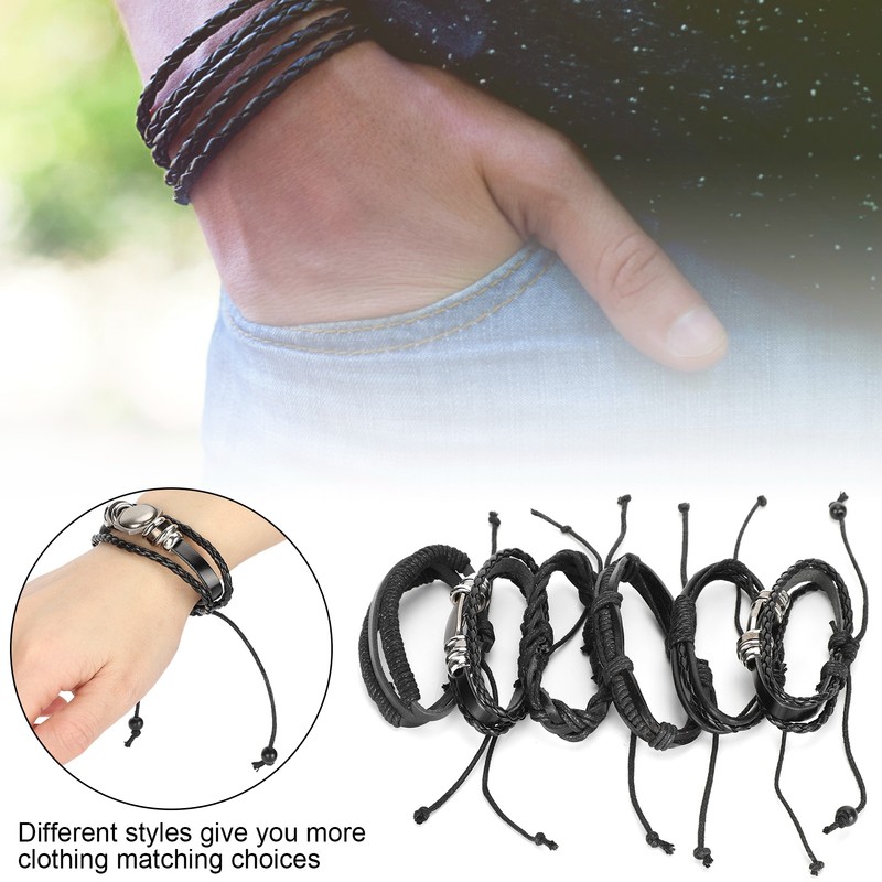 2Sets Adjustable Braided Bracelet Metal Inlaid Wristband Retro Style Cuff