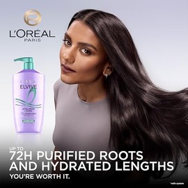 L'Oreal Paris Elvive Hyaluron + Pure 72H Champú purificador para cabello graso, champú clarificador con ácido salicílico y ácido hialurónico, 28 onzas