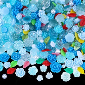 400 Pieces Camellia Flower Nail Charms for Acrylic Nails 3D Rose Floral Nail Gems Pink Leaf Nail Accessories White Pearls Nail Supplies for Women Nail Art Design (Blue)