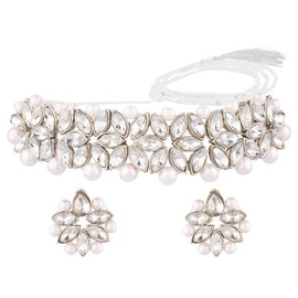 Efulgenz Faux Pearl Choker Indian Jewelry Sets for Women Crystal Kundan Pearl Necklace Set Beaded Faux Pearl Necklace Earrings Bollywood Fashion Jewelry Wedding Bridal Jewelry Set