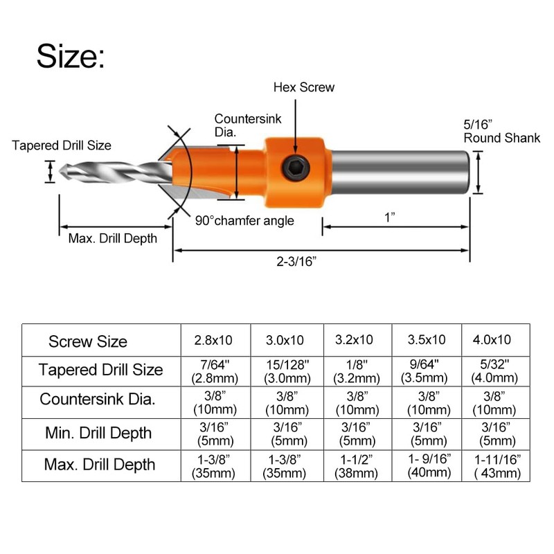 ASNOMY 10Pcs Wood Countersink Drill Bit Set, 5Pcs Countersink Drill