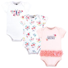 Hudson Baby Infant Girls Cotton Bodysuits 3-Pack, Butterfly Floral Tutu, 0-3 Months