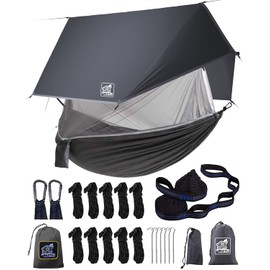 Miztli Hamaca de camping con red y mosca de lluvia, portátil, ligera, para exteriores, árbol, viajes, mochilero, tienda de campaña con correas de árbol de 20 pies (total), perfecta para camping, senderismo, patio, aventura, supervivencia