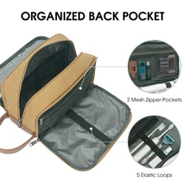 WANDF Travel Toiletry Bag for Men Hanging Dopp Kit Canvas Toiletry Organizer Water-Resistant Vegan Leather Shaving Bag for Toiletries Accessories (Khaki)